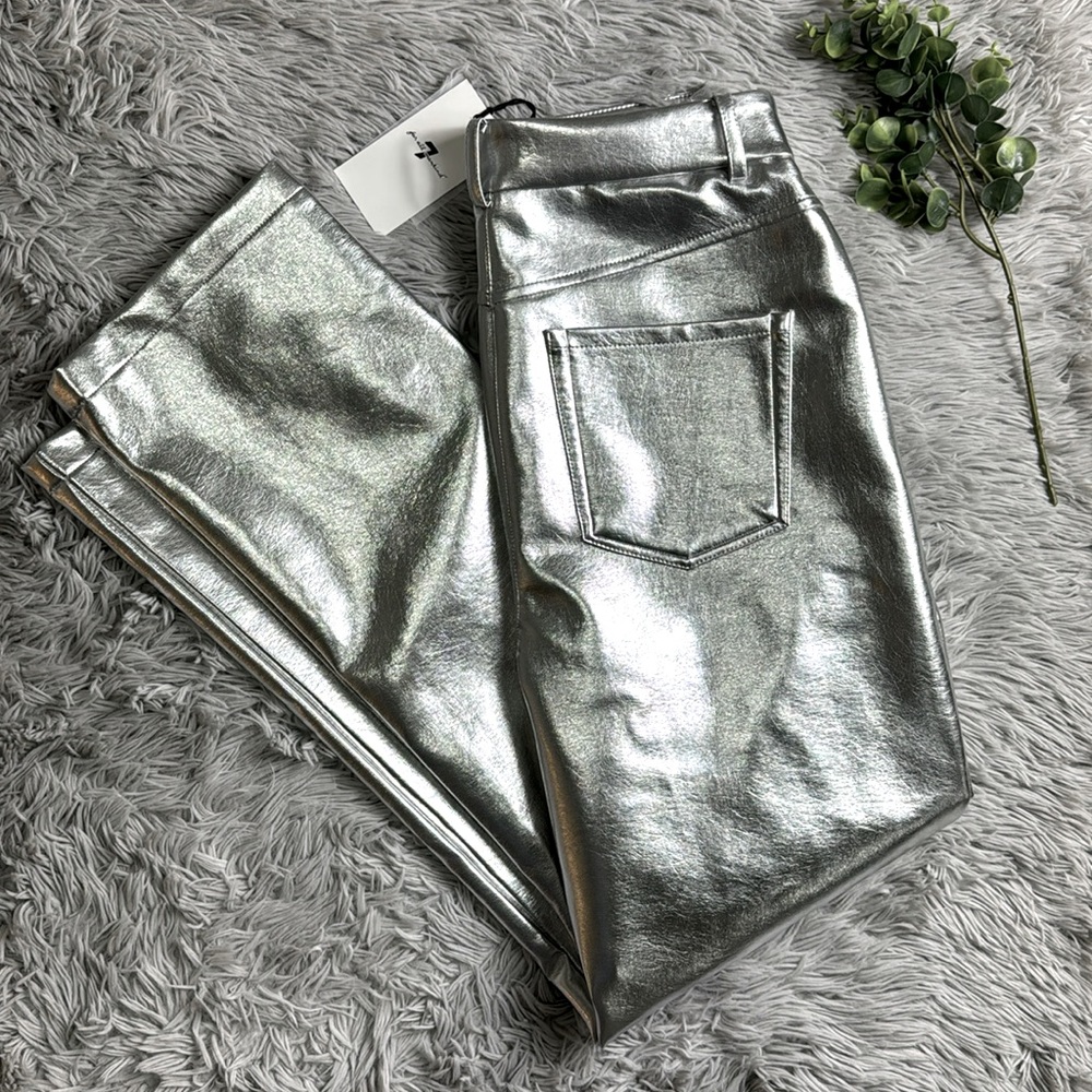 NWT 7FAM metallic silver faux lather style pants size M